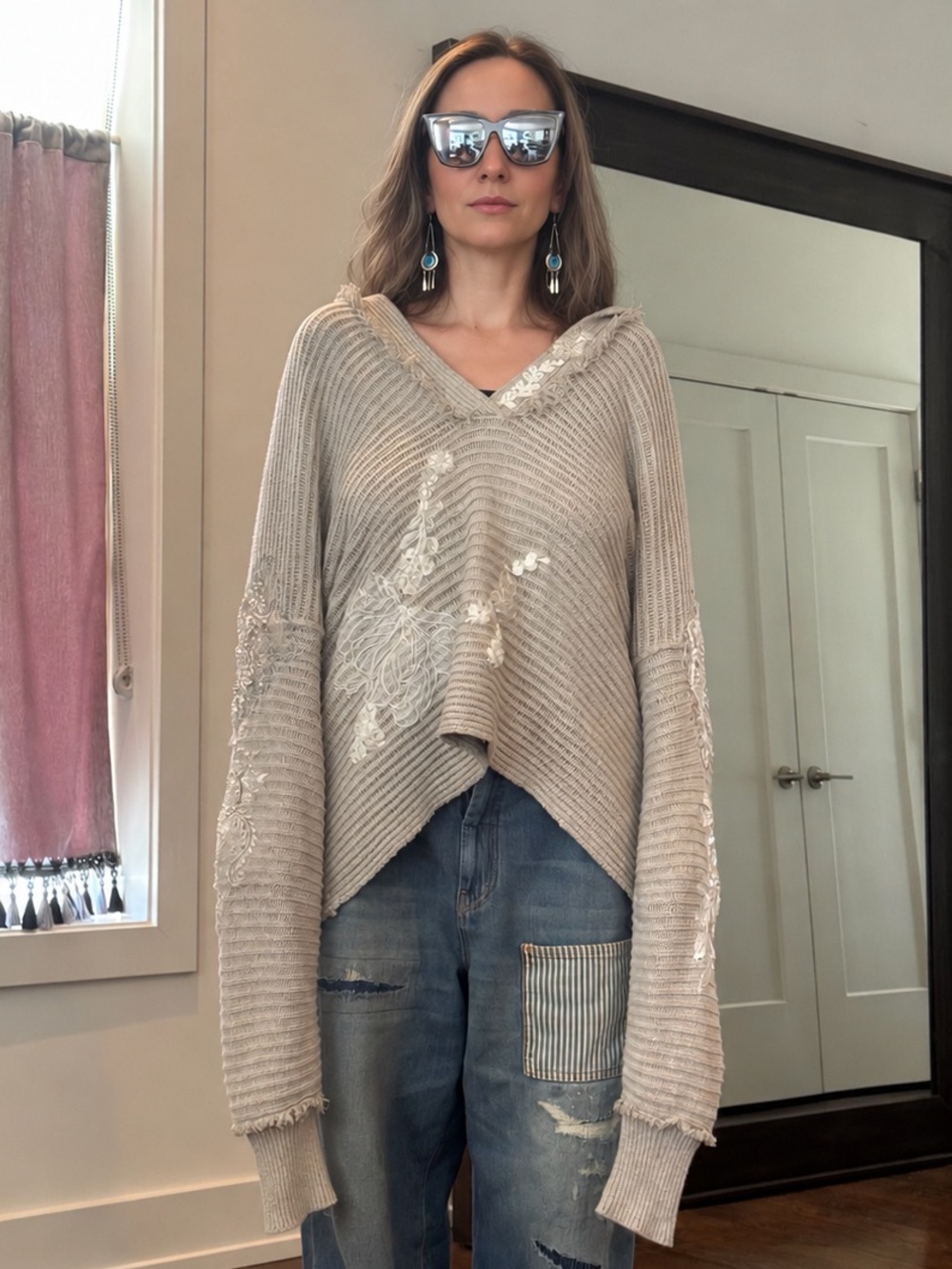 Free People Oversized V-Neck Ribbed Sweater - Taupe